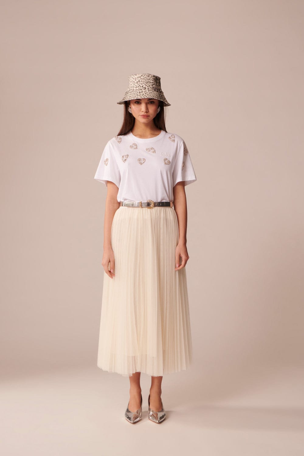 Tara Jarmon Paris- Saia Midi Tule Plissada Juillet Off White