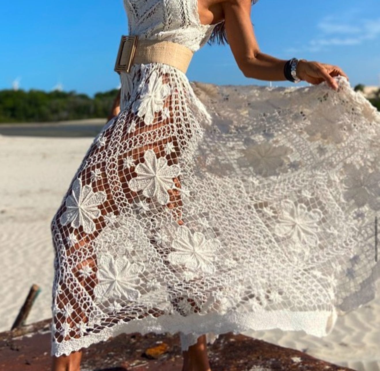 Club - Vestido Midi em Renda File Branco