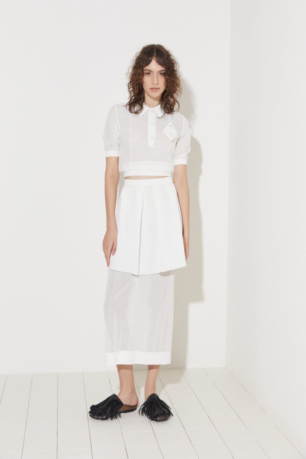 Coven - Blusa Manga Curta Gola Polo Tricot Organza Branco