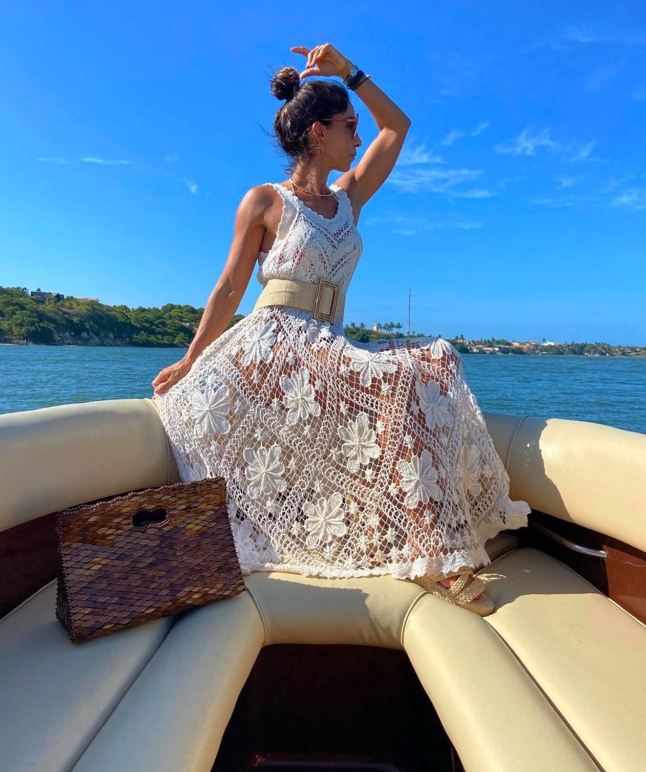 Club - Vestido Midi em Renda File Branco