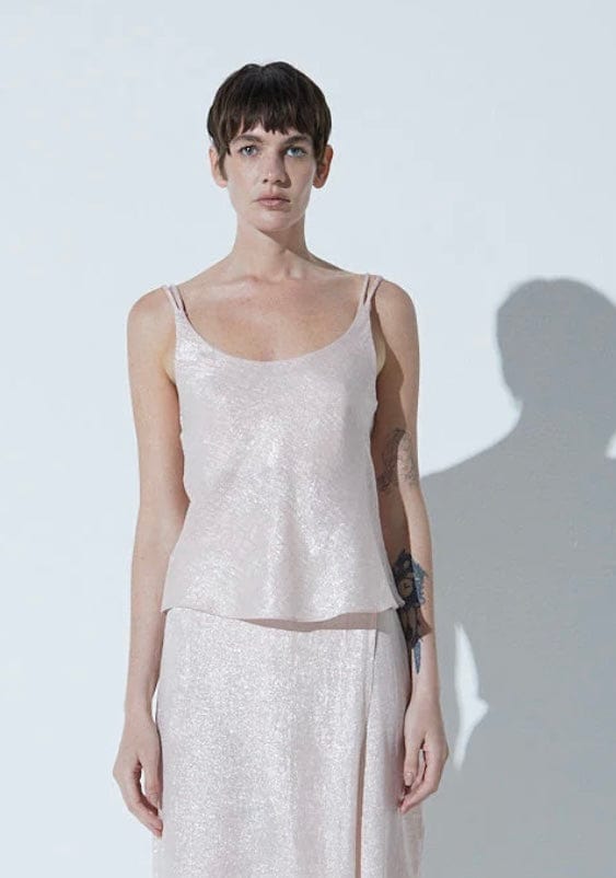 Viviane Furrier - Blusa Alça Fina Lamê Rosa