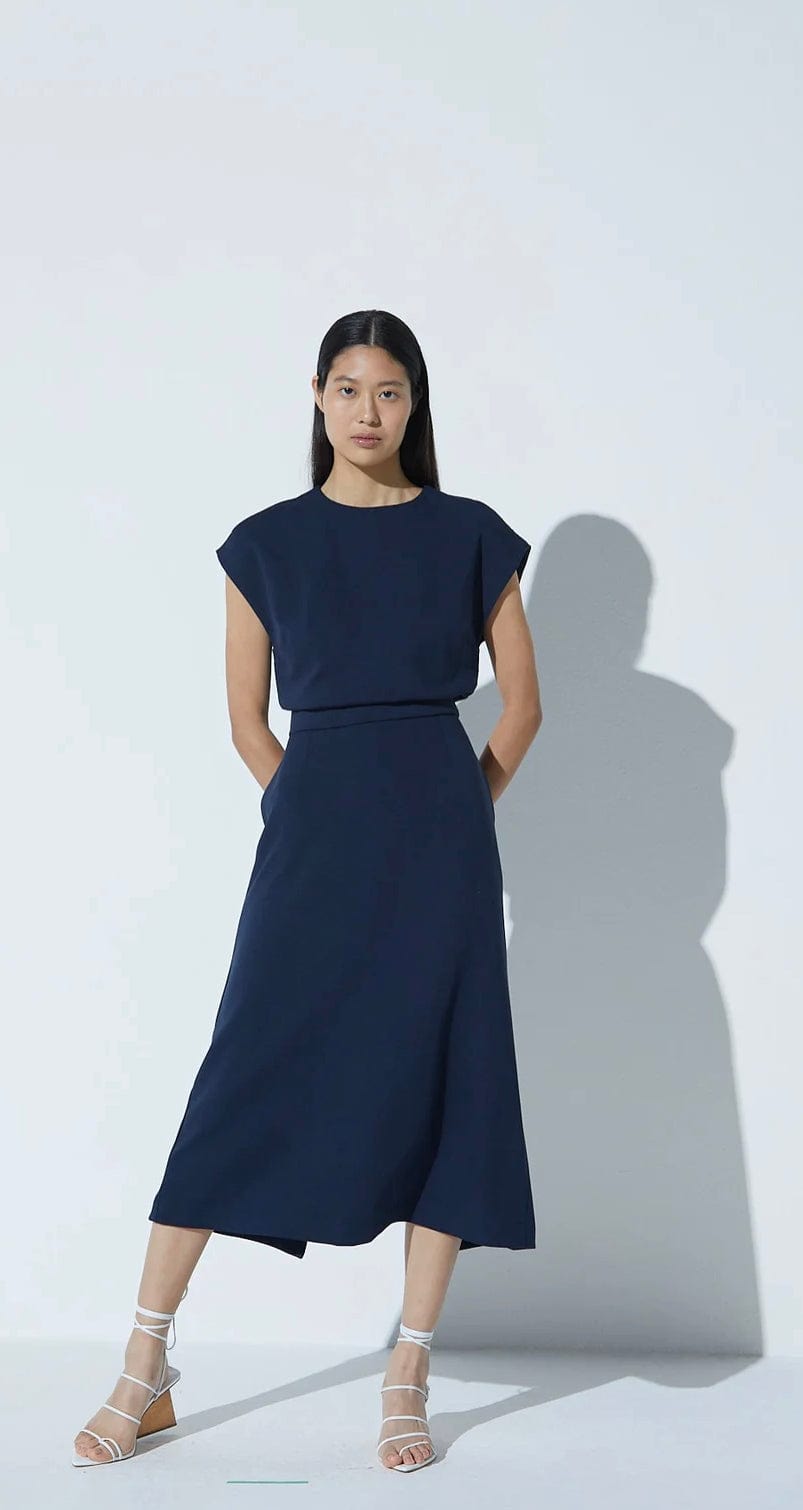 Viviane Furrier - Saia Midi Evasê cropped Neotech Azul Marinho