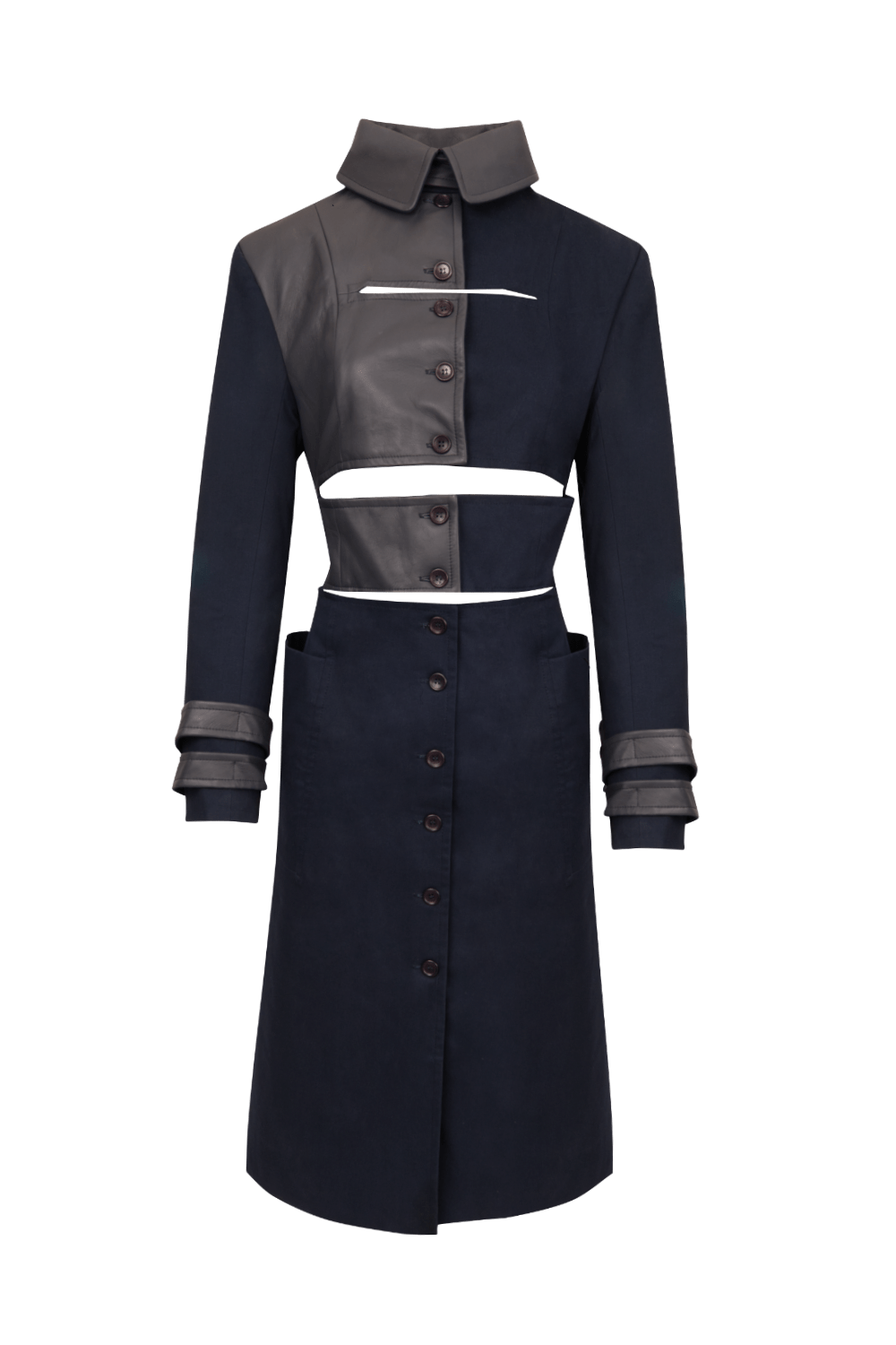 Glória Coelho - Sobretudo 7/8 Algodão com Couro Azul Marinho