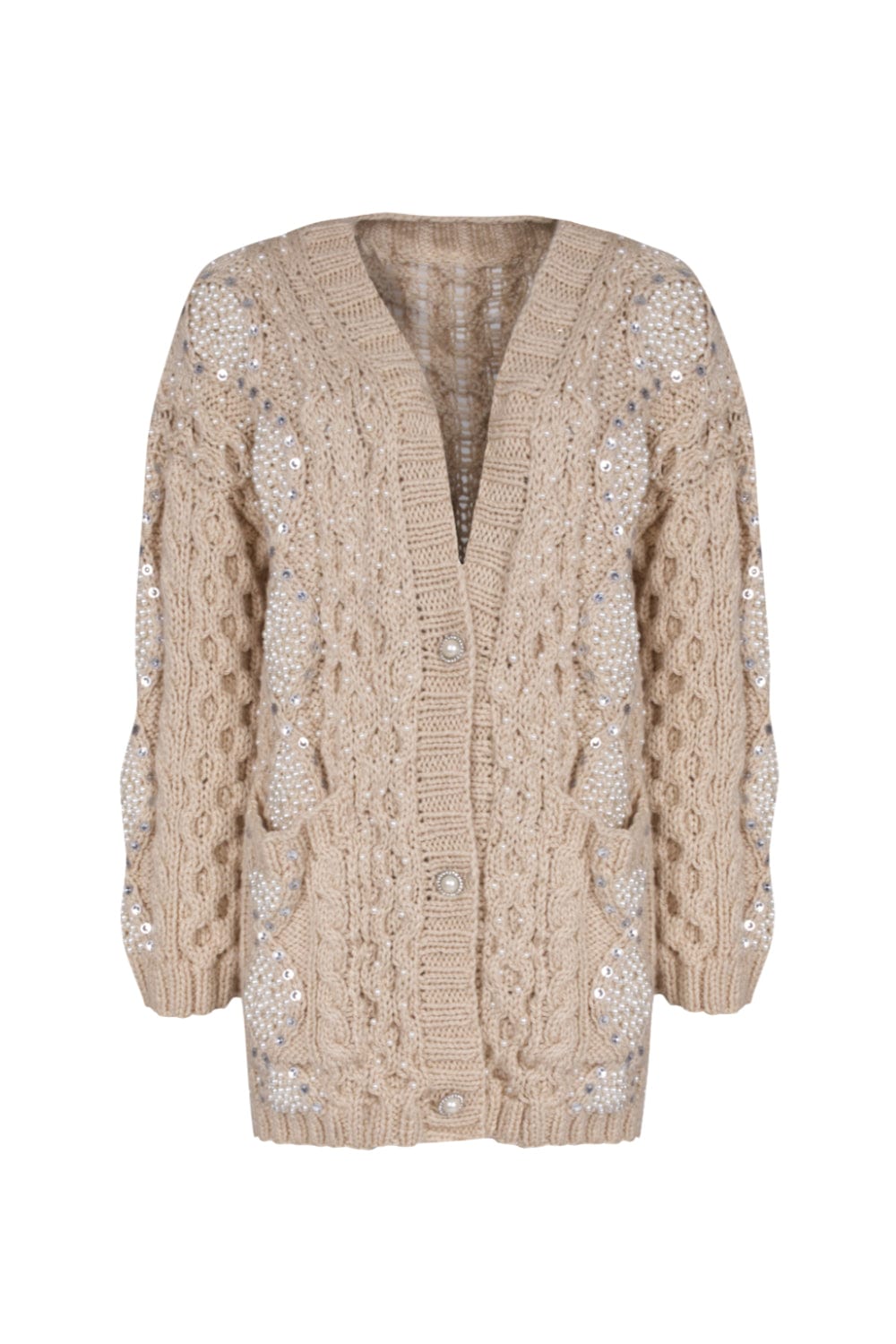 Cardigan Tricot Pérolas Aberto Bege