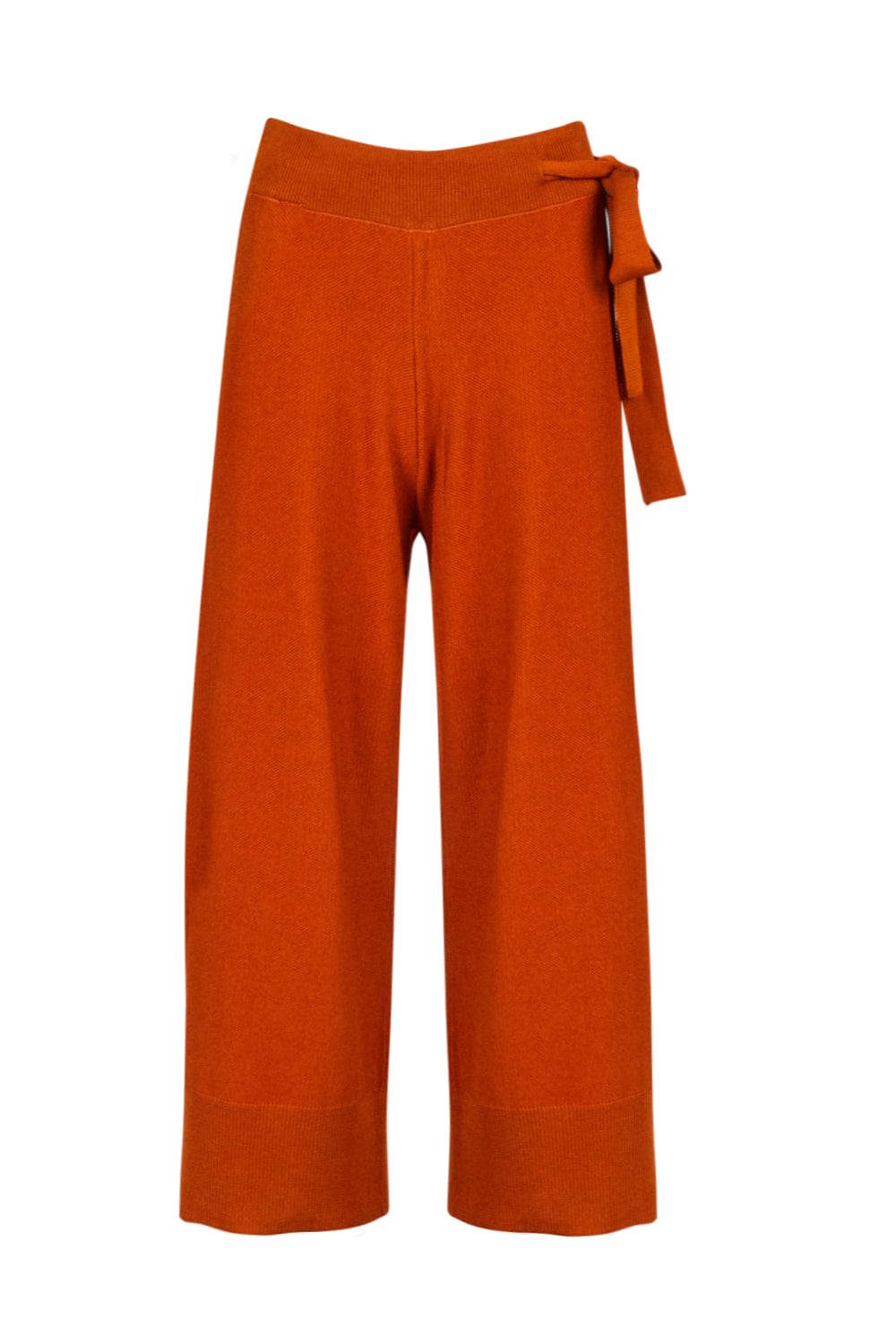 Viviane Furrier - Calça em Tricot com Barrado e Cinto Amarração Terracota