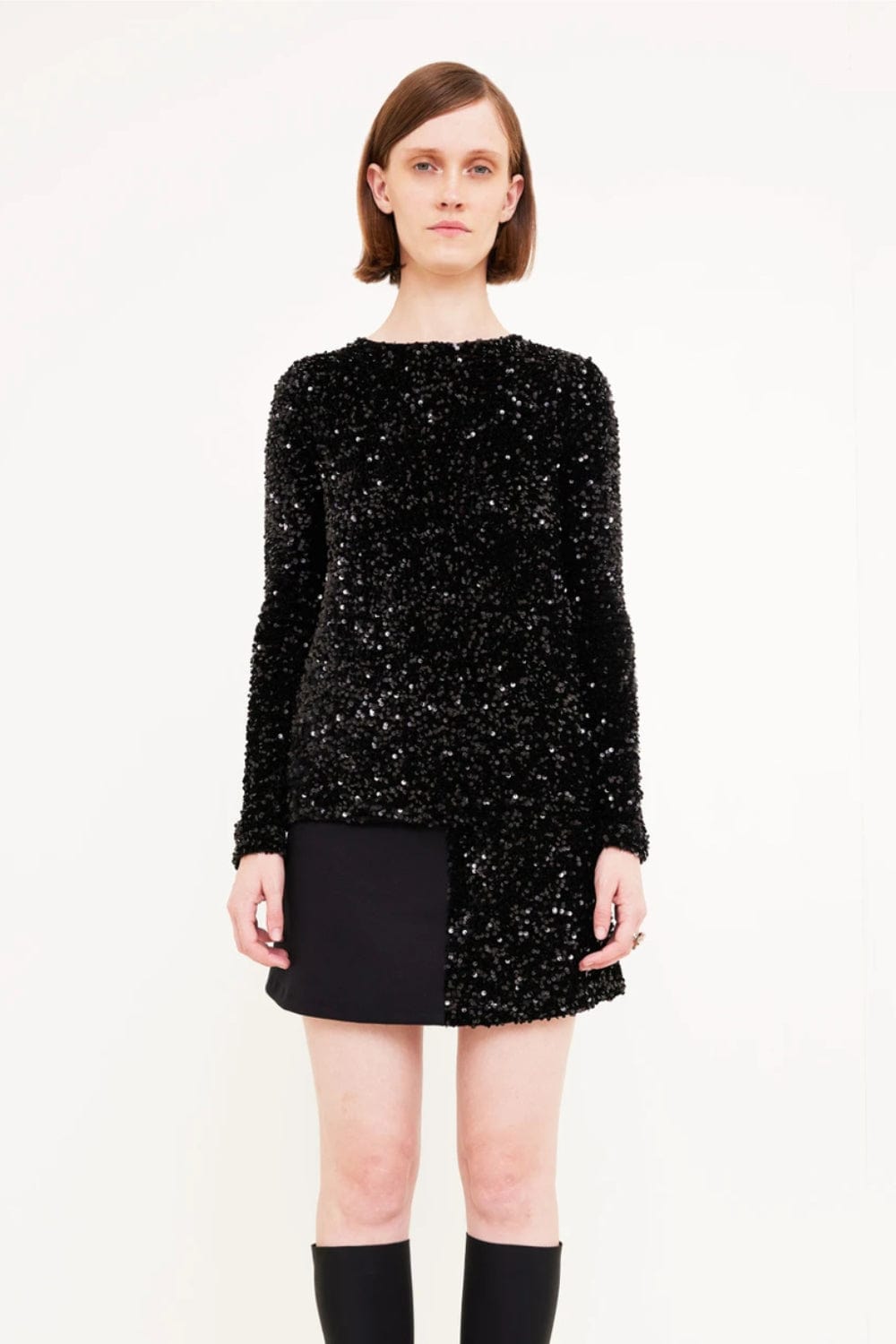 Glória Coelho - Blusa Manga Longa Gola Redonda de Paetês T782 Preto