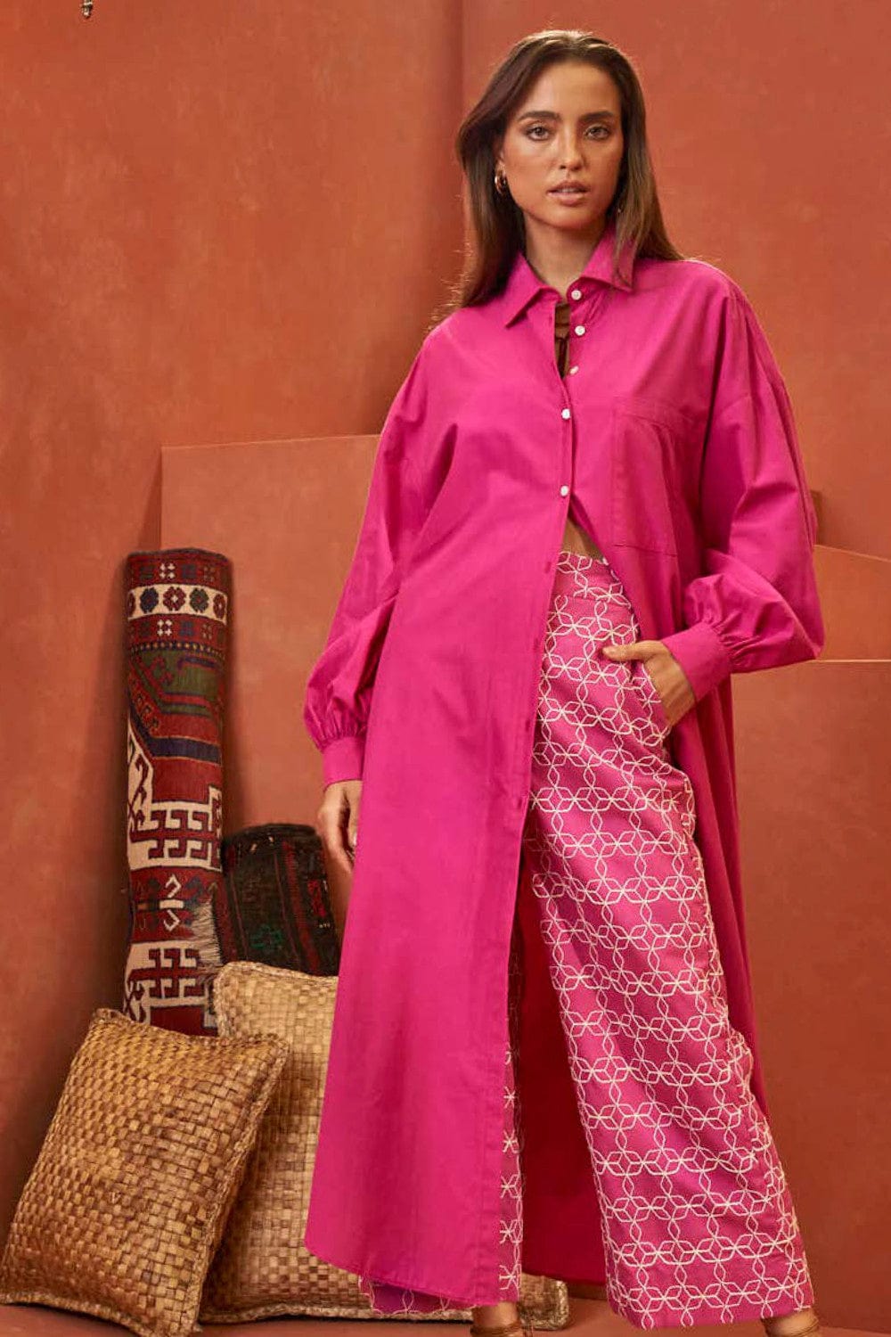 L'Cecci - Vestido Chemisier Longo Manga Longa Rosa