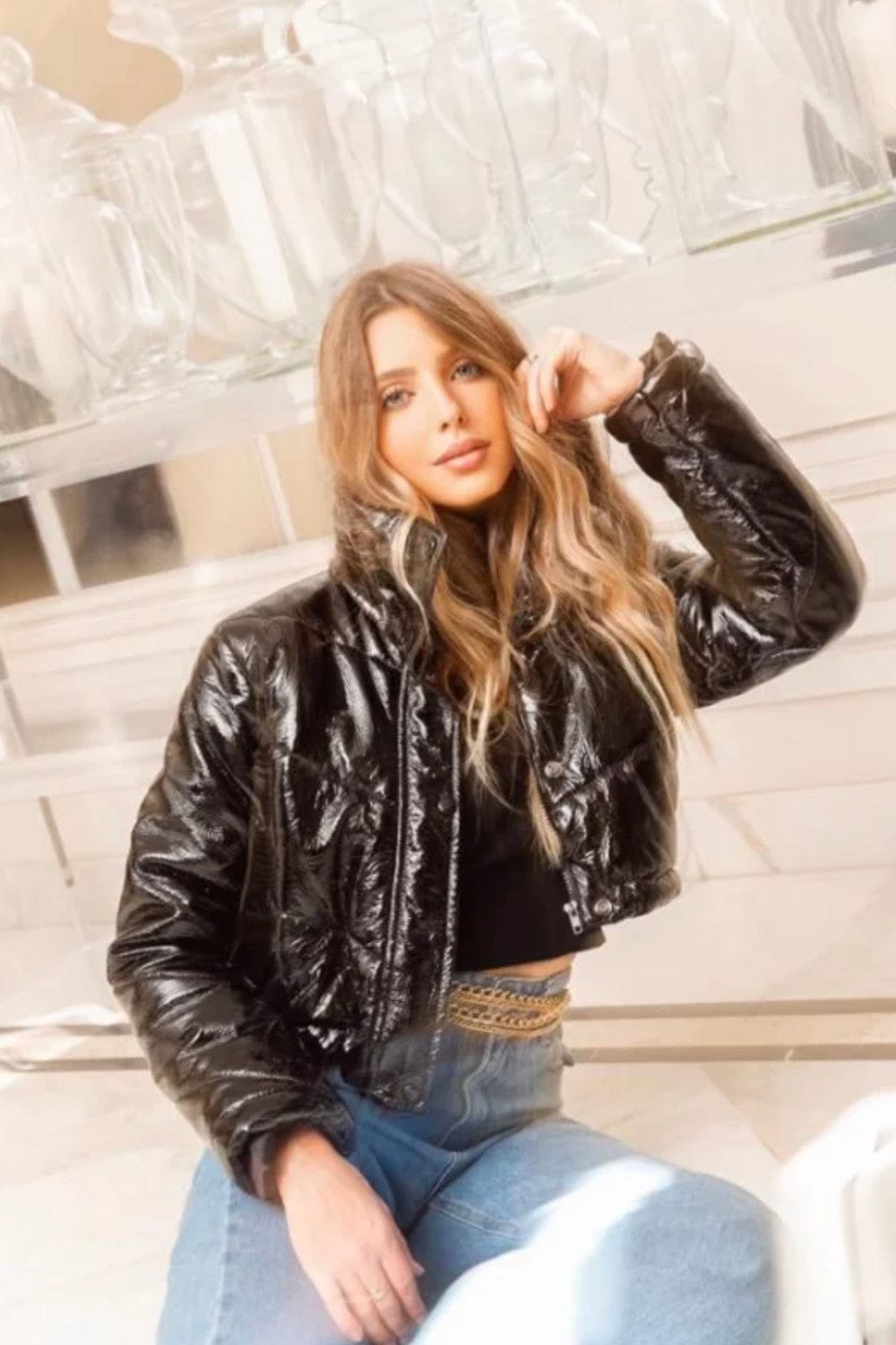 M Leal - Jaqueta Puffer Bomber Vinil Preto