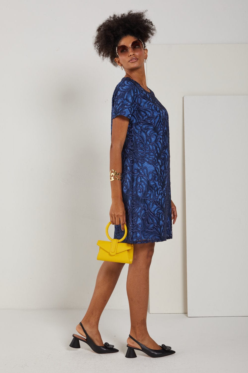 Cristina Barros - Vestido Curto Manga Curta Azul