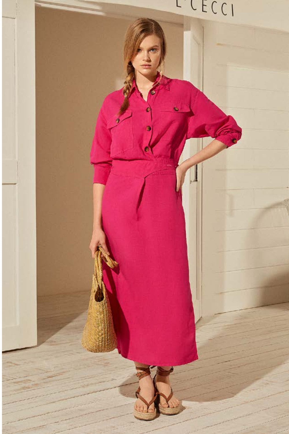 L'Cecci - Vestido Midi Viscolinho Rosa