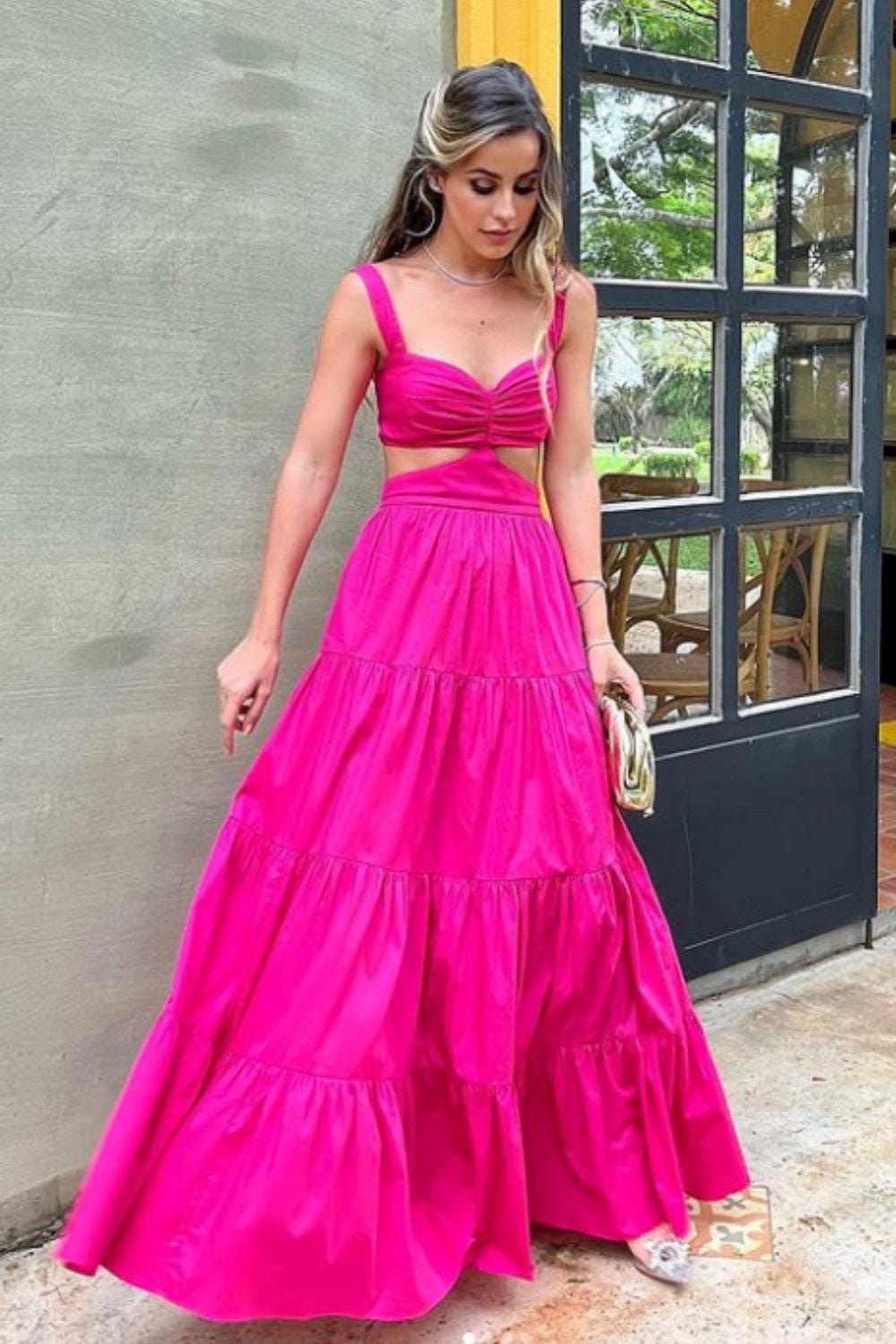 Coolrated - Vestido Longo Maxi Recortes Rosa Pink