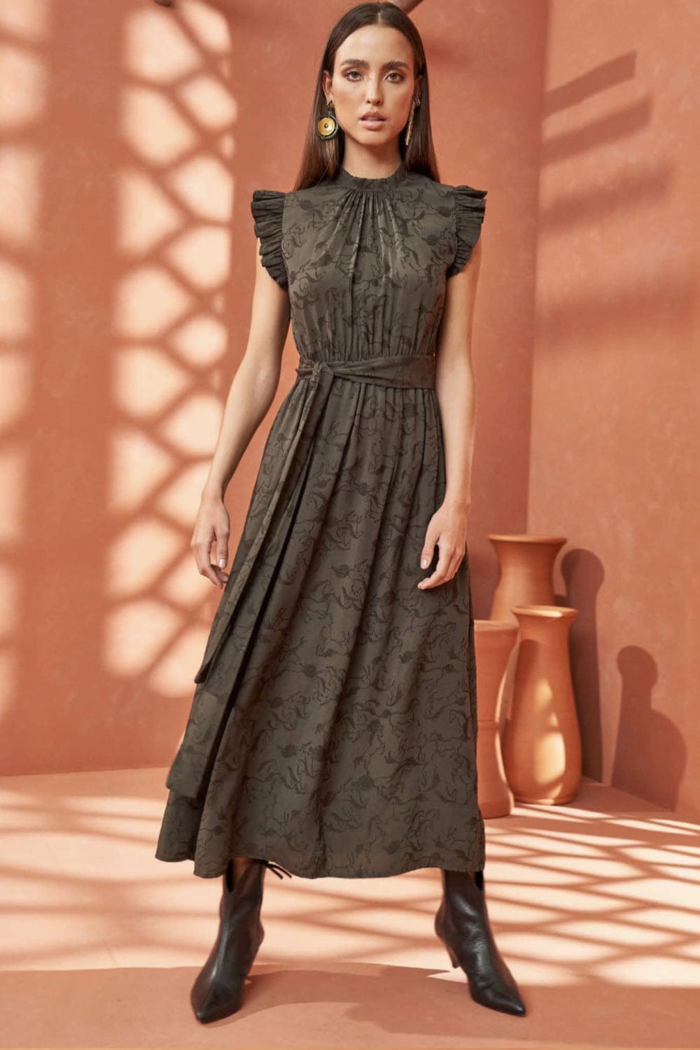 L'Cecci - Vestido Midi Jacquard Verde Escuro