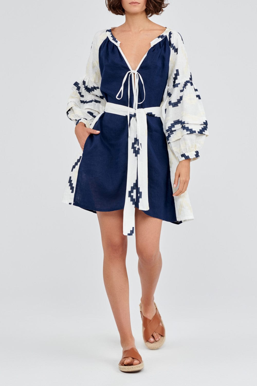 Greek Archaic Kori - Vestido Curto Manga Longa Linho Azul