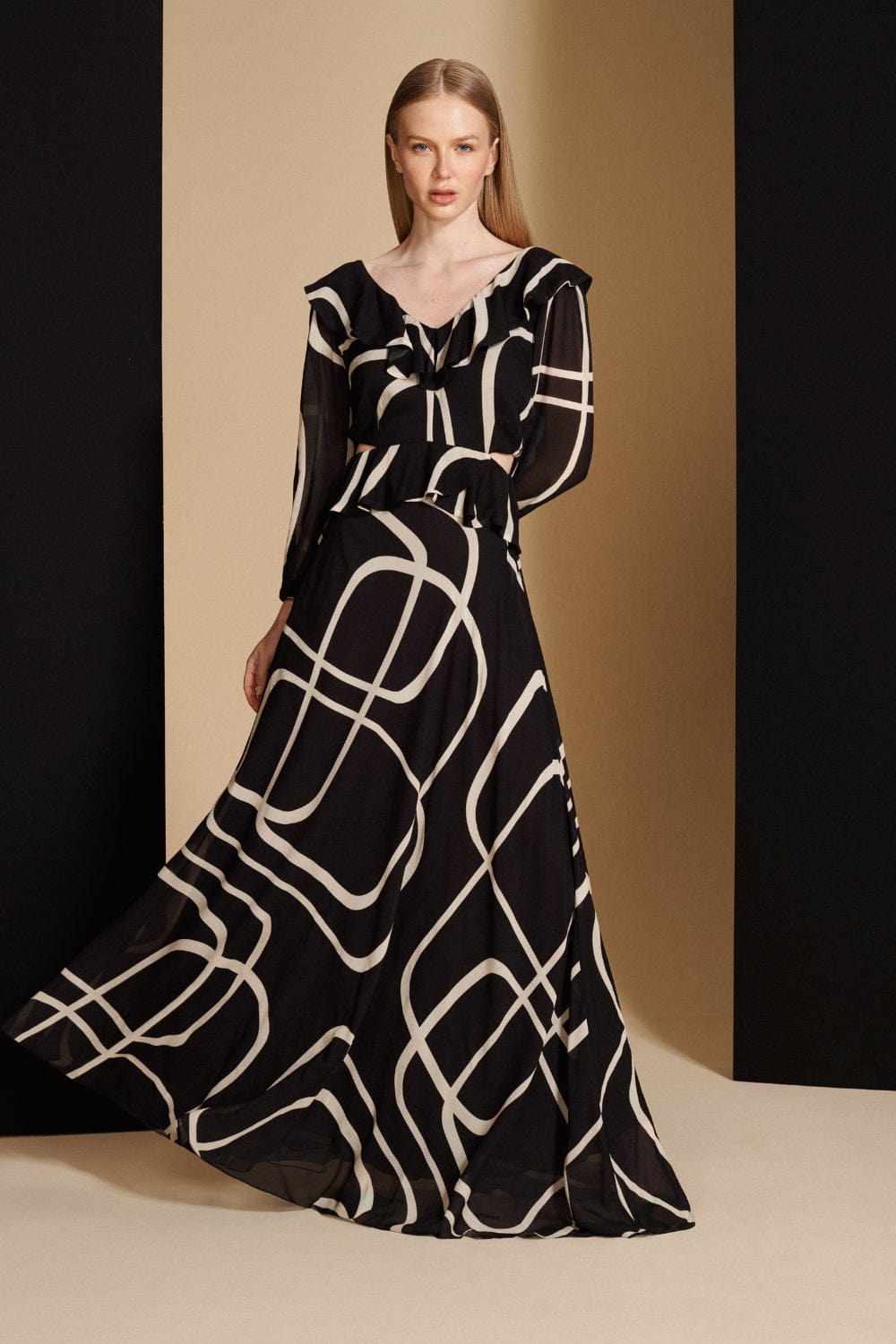 Cholet - Vestido Longo Manga Longa Crepe