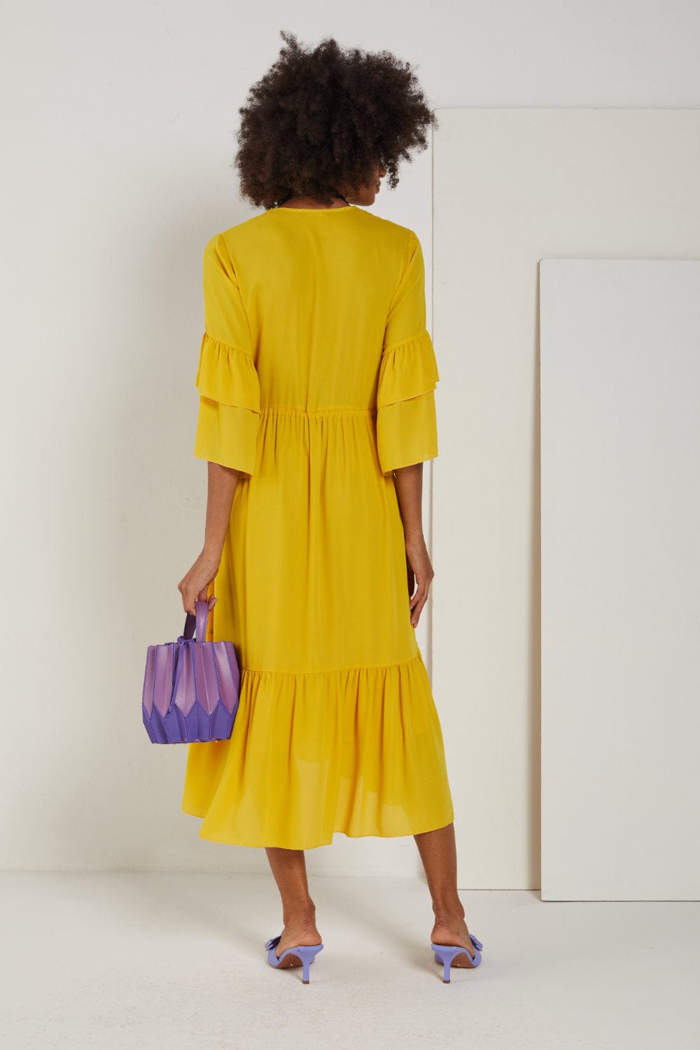 Cristina Barros - Vestido Midi Manga 3/4 Amarelo