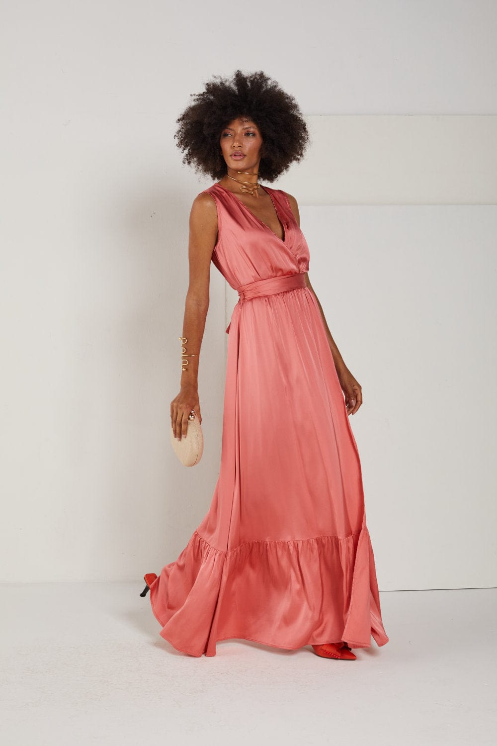 Access - Vestido Longo Envelope sem Mangas Coral