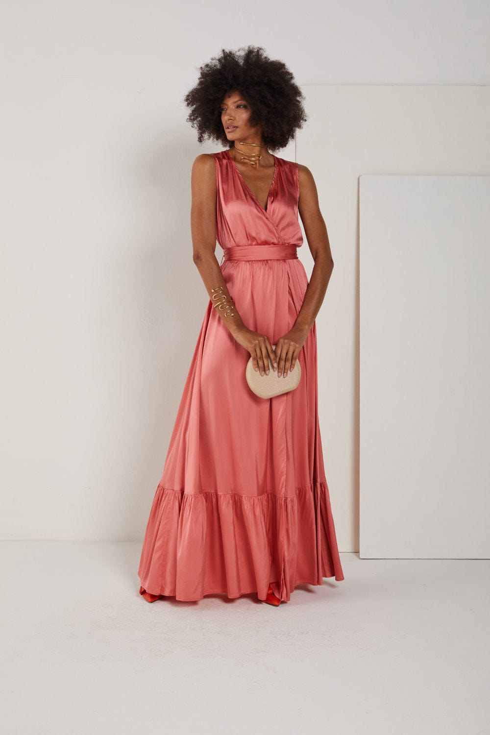 Access - Vestido Longo Envelope sem Mangas Coral