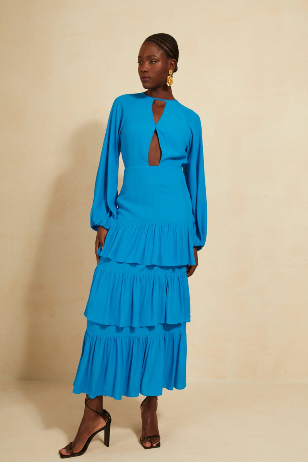 L'Cecci - Vestido Midi Manga Longa Decote Costas Azul