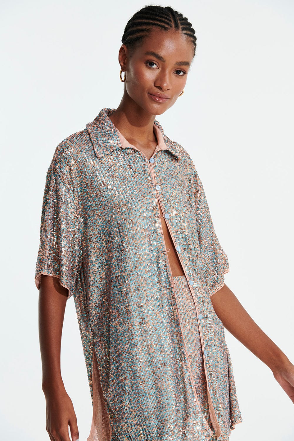 L'Cecci - Camisa Manga Curta em Paetês Multicor