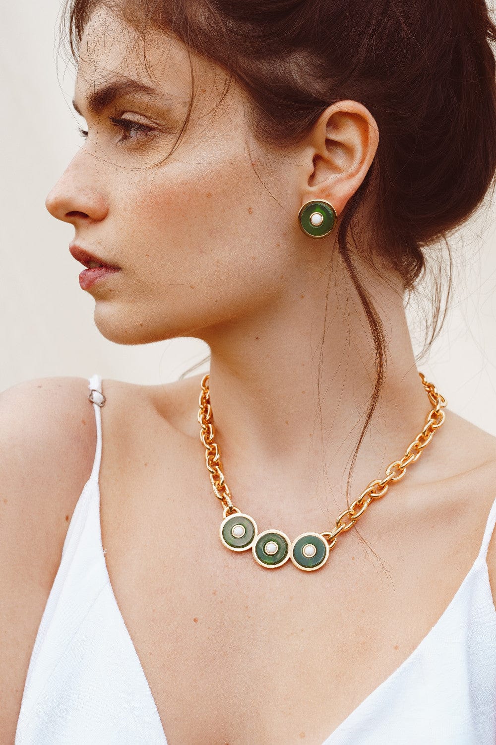 Aimer - Colar Ciclos Ágata verde e Porcelana Banhado a Ouro