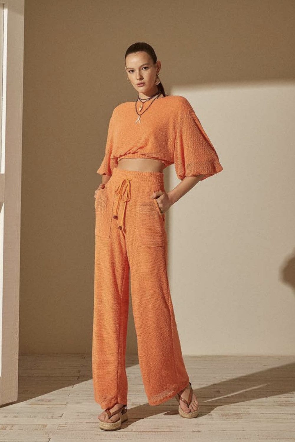 L'Cecci - Blusa Cropped Manga 3/4 Ampla Laranja