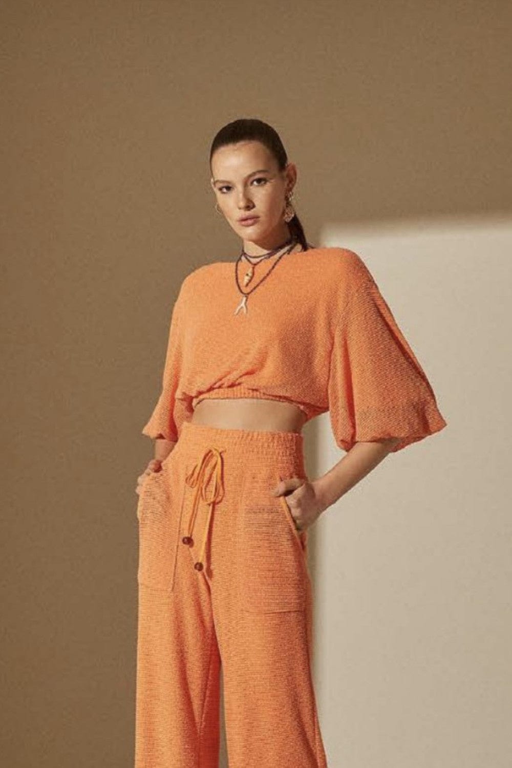 L'Cecci - Blusa Cropped Manga 3/4 Ampla Laranja