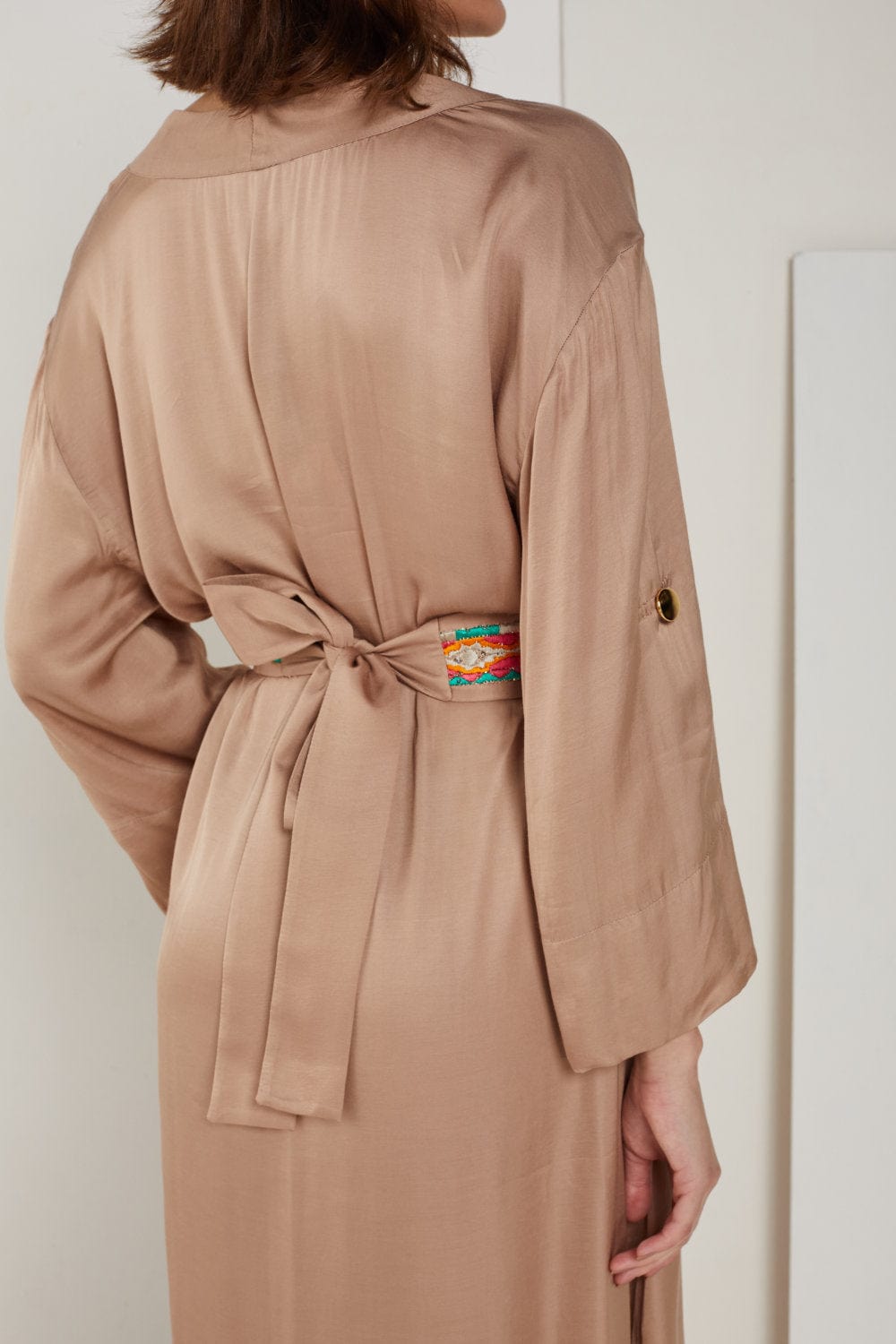 Access - Vestido Longo Manga 3/4 com Cinto Bege