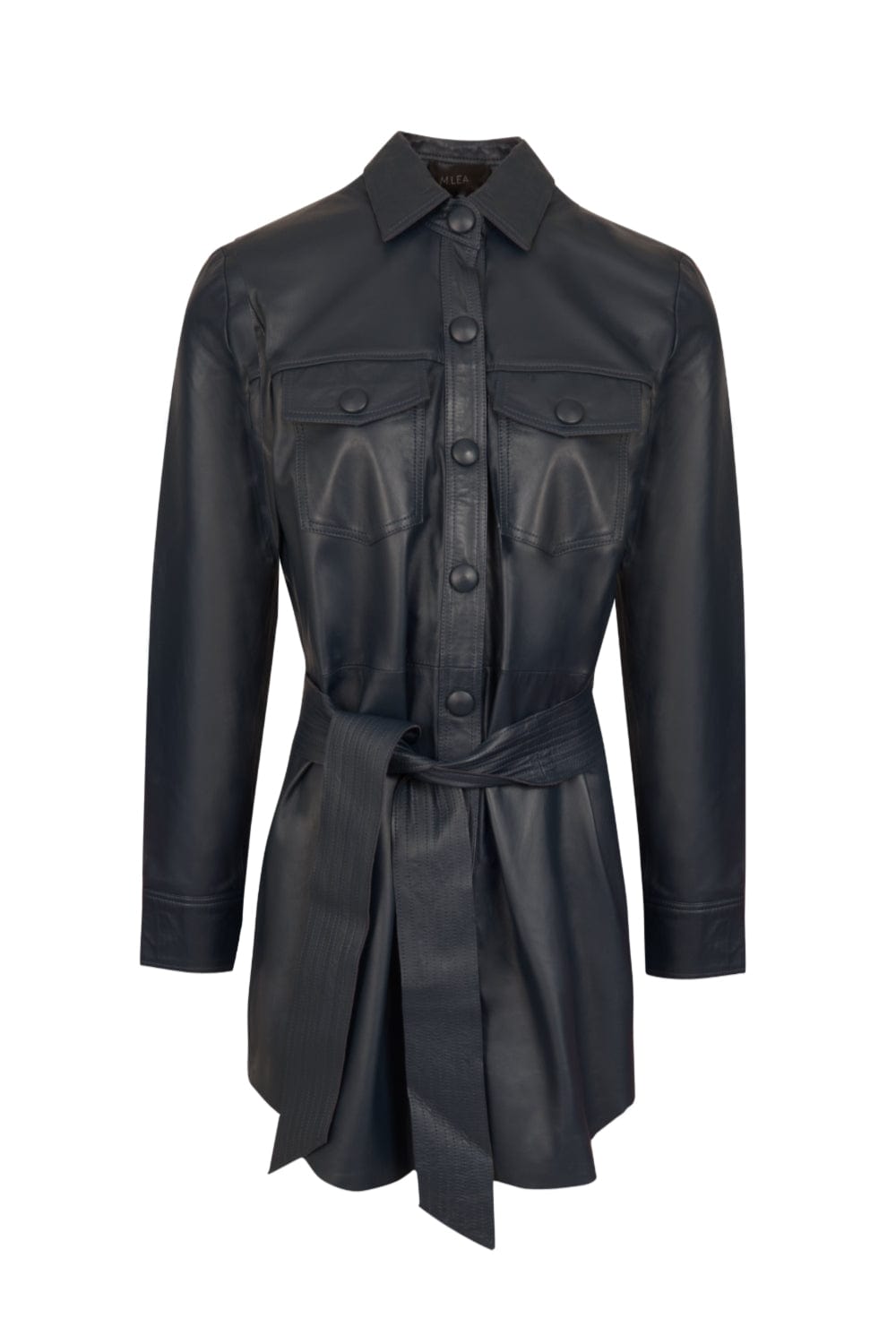 M Leal - Vestido Curto Chemisier Manga Longa Bufante Couro Preto