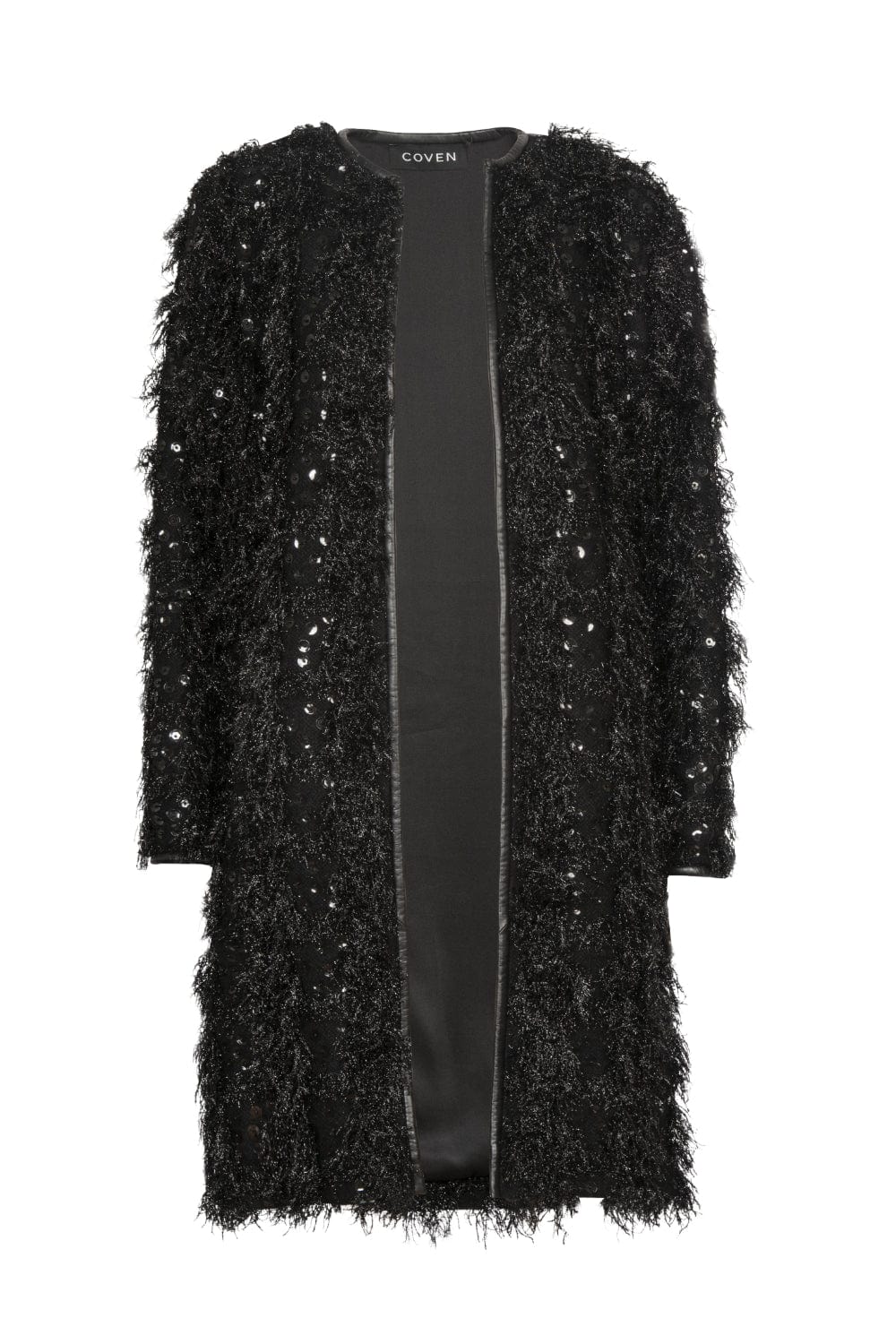 Coven - Sobretudo 3/4 Tricot Franjado e Bordado Preto