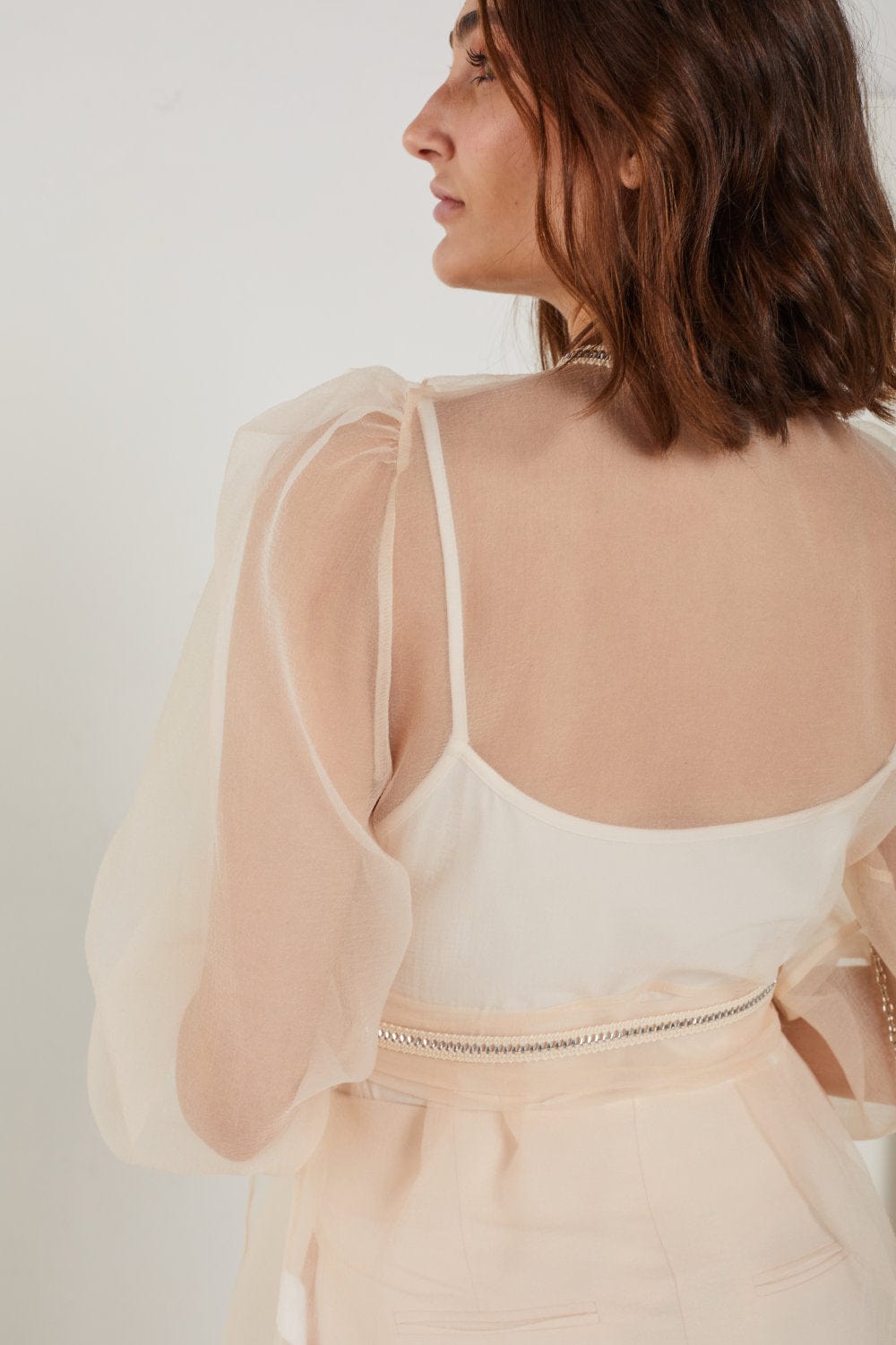 Mianotte - Camisa Manga Longa Envelope Organza com Babados Frontal