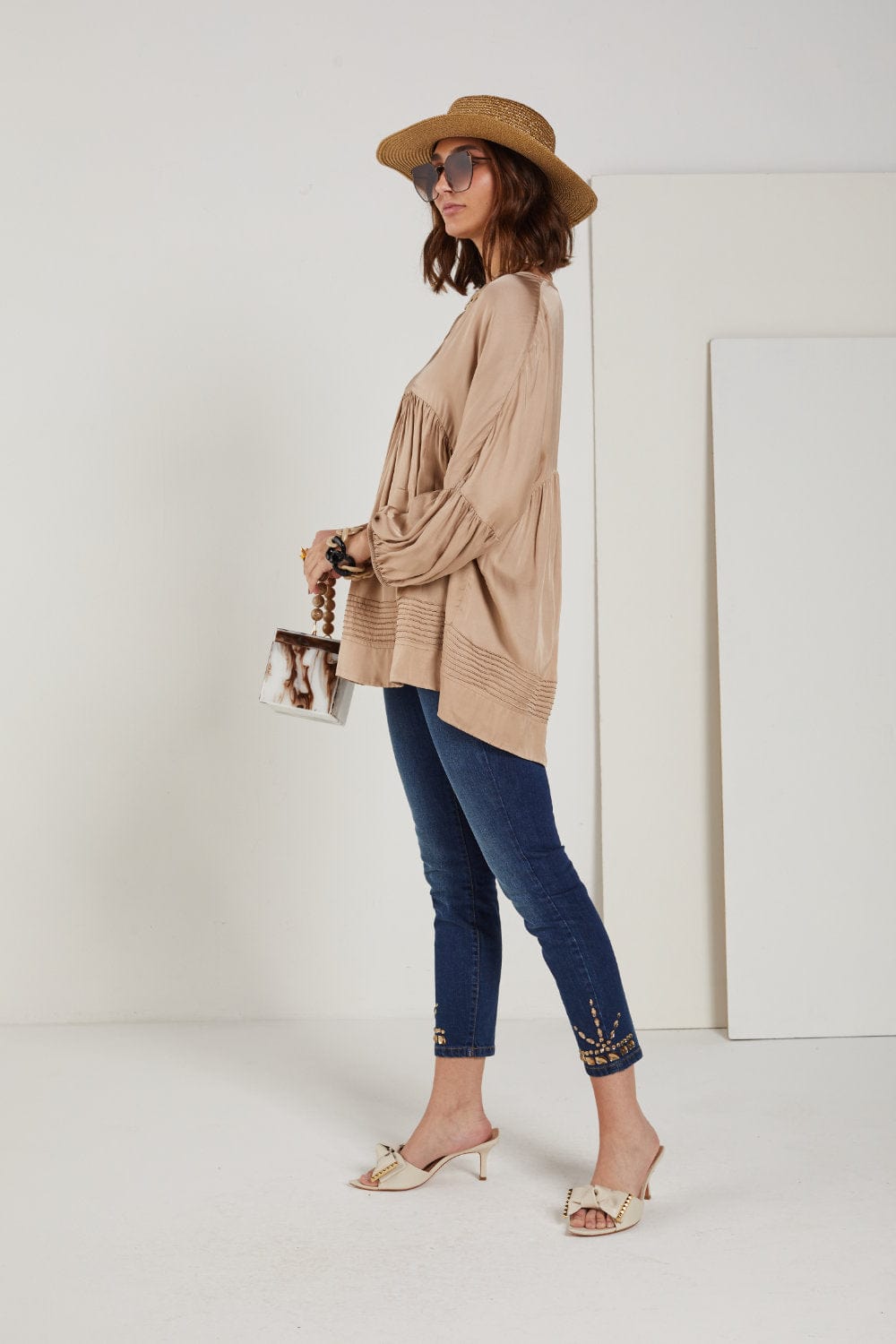 Greek Archaic Kori - Blusa Bata Manga Longa Bege