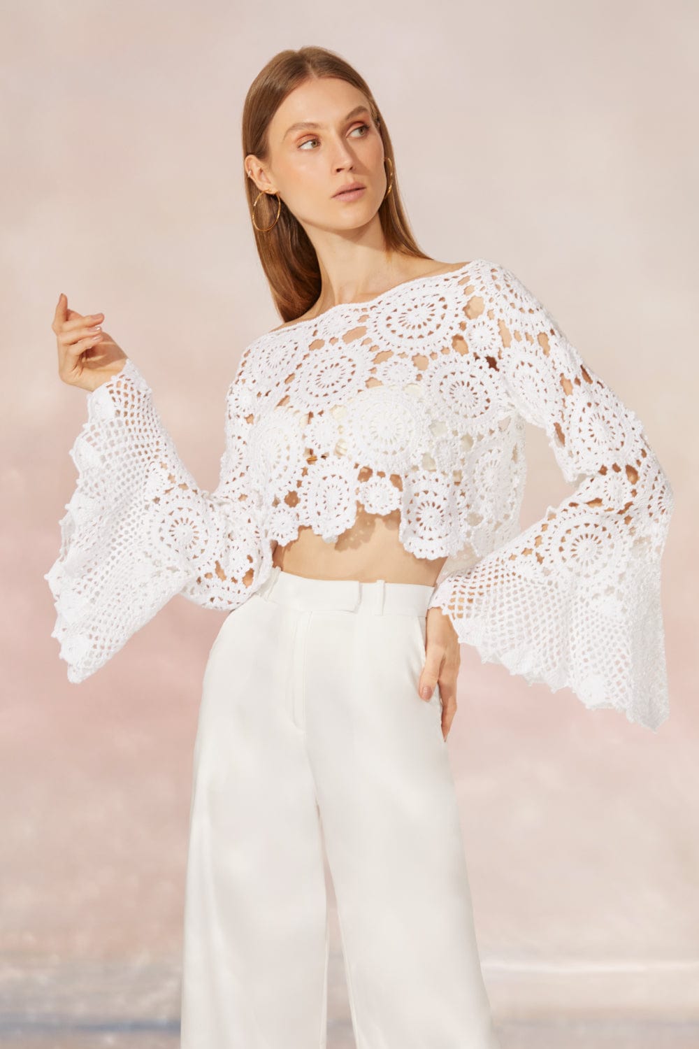 Club - Blusa Cropped Manga Longa Crochet Branco