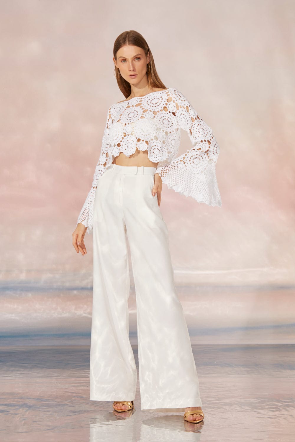 Club - Blusa Cropped Manga Longa Crochet Branco