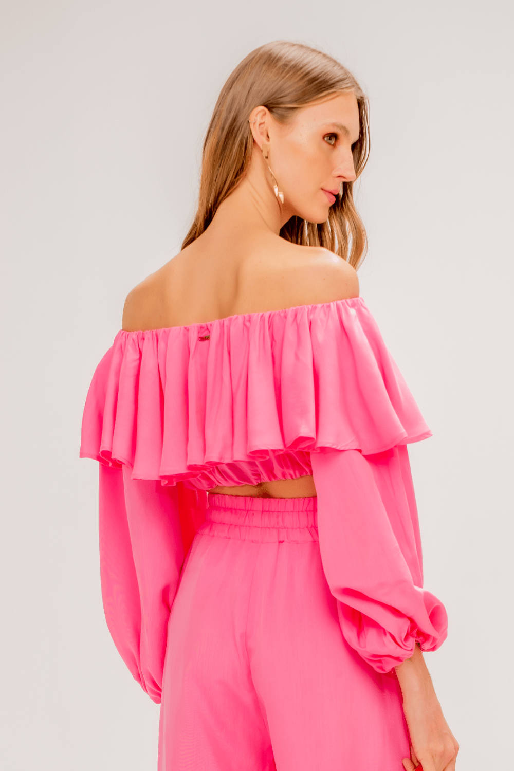 L'Cecci - Blusa Cropped Tomara que Caia com Babado Rosa