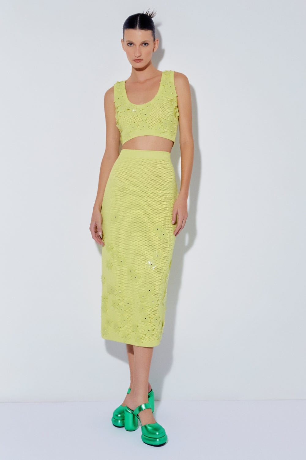 Coven - Saia Midi Tricot Telado Bordado Flor Lima