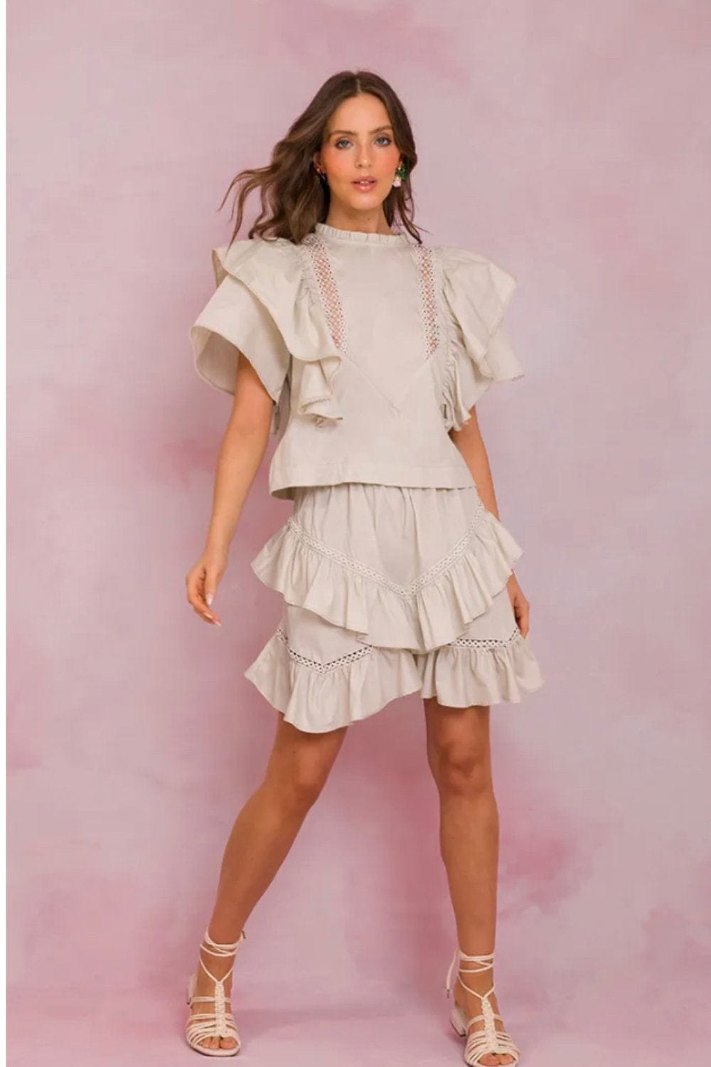 Lalibela - Blusa Manga Curta com Babados Bege