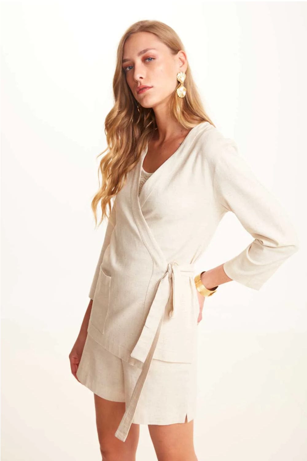 Viviane Furrier - Blusa Manga Longa Kimono Decote V Bege