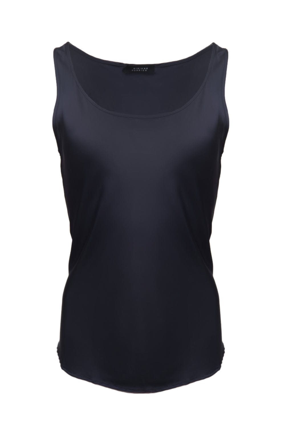 Viviane Furrier - Blusa sem Manga Decote U com Viés em Cetim Azul Marinho