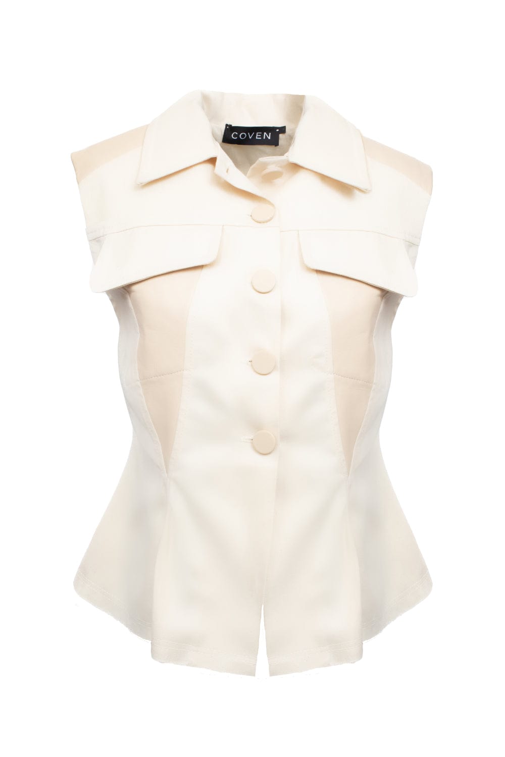 Coven - Blusa sem Manga Sarja e Couro Bege Pluma