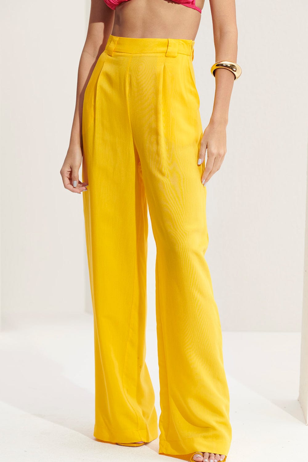 L'Cecci - Calça Pantalona Cintura Alta Amarelo