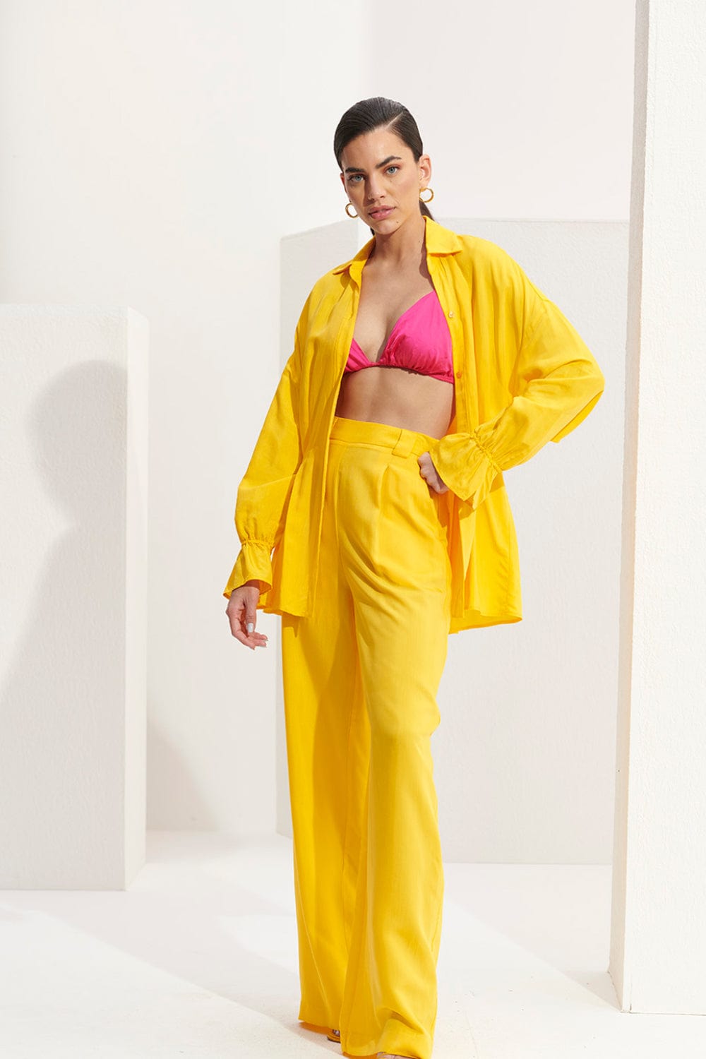 L'Cecci - Calça Pantalona Cintura Alta Amarelo