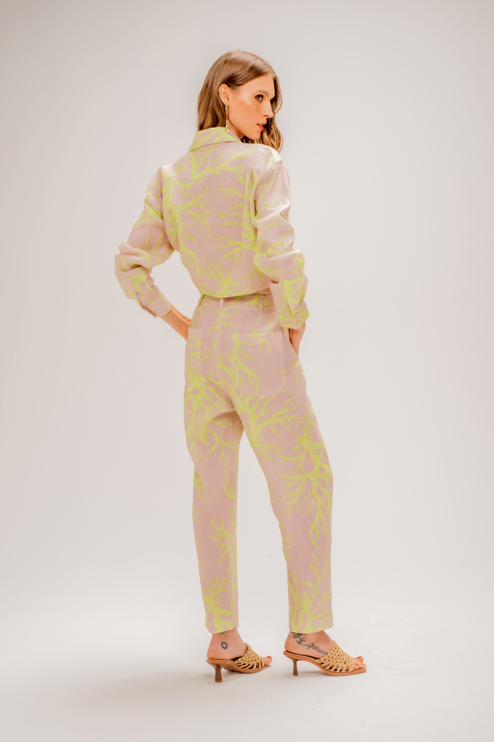 Yukio - Calça Linho Estampada Light Coral Lime