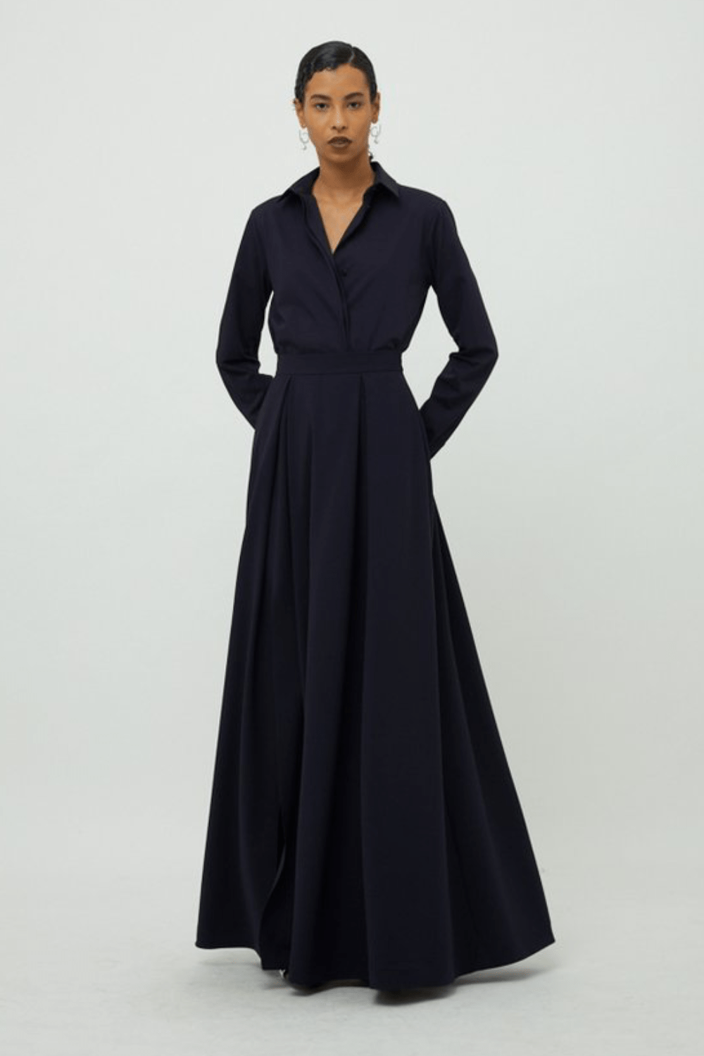 Glória Coelho - Saia Longa com Fenda Gabardine Azul Marinho