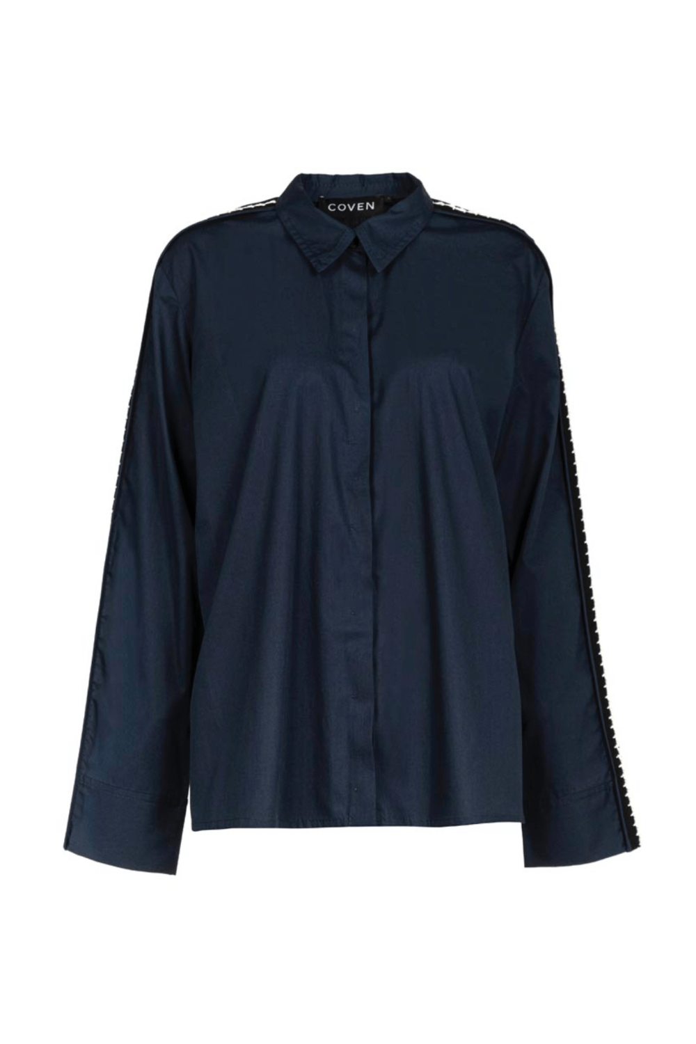 Coven - Camisa Manga Longa em Tricoline com Detalhe Tricot Crochetado Azul Marinho