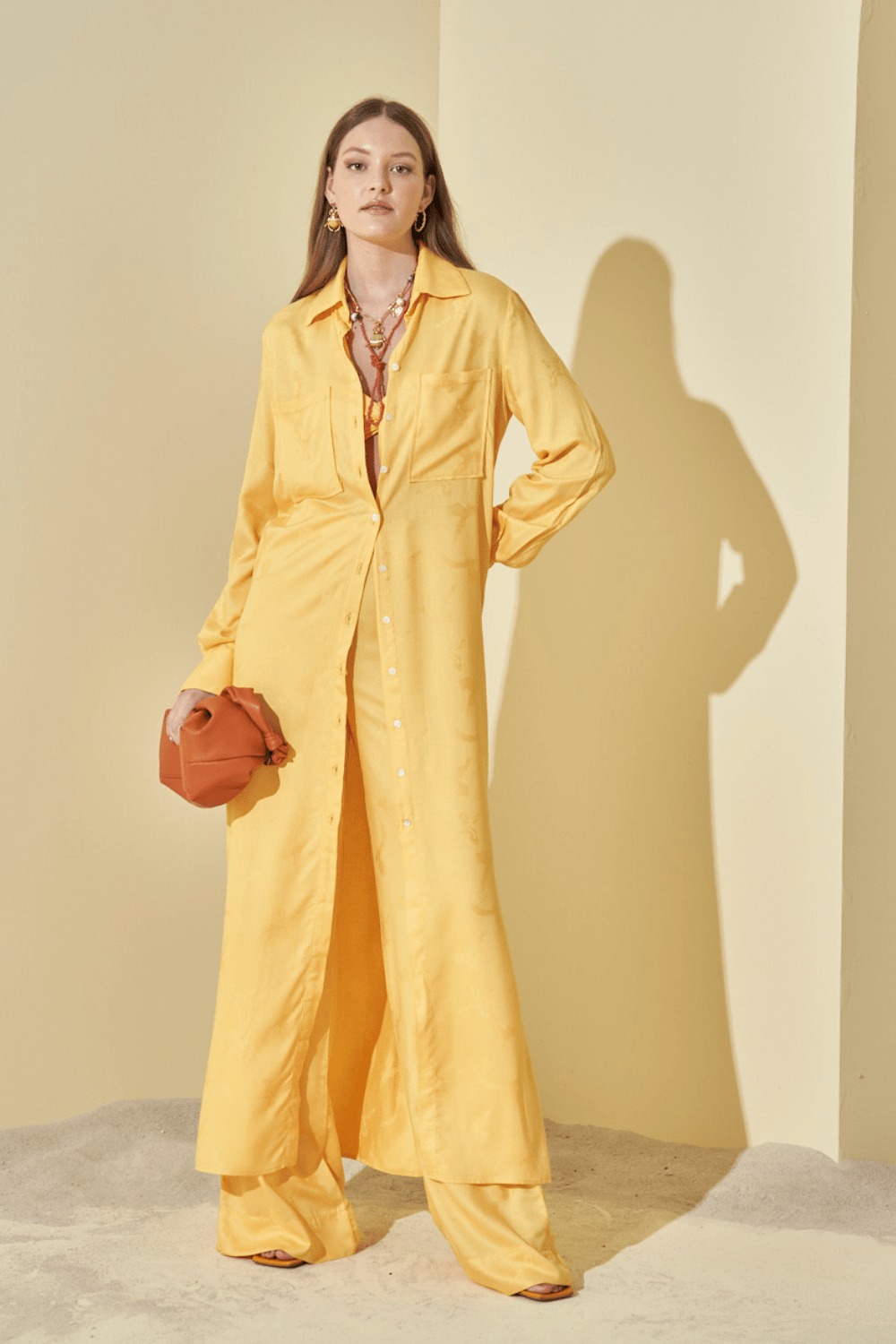 L'Cecci - Vestido Longo Chemisier Jacquard Amarelo