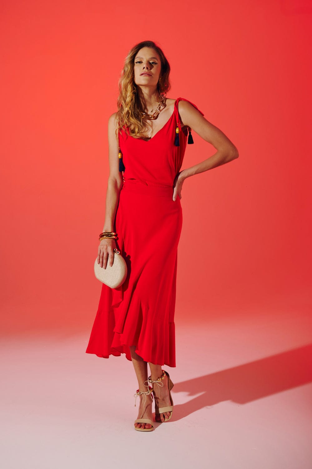 Chocolat - Conjunto Camiseta e Saia Midi Vermelho