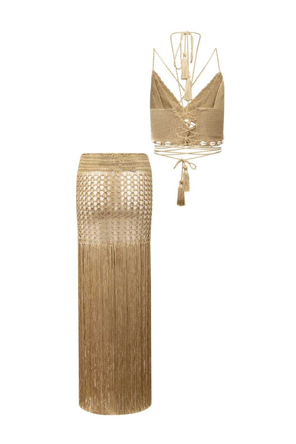 Club - Conjunto Saia e Cropped de Crochet com Búzios Dourado