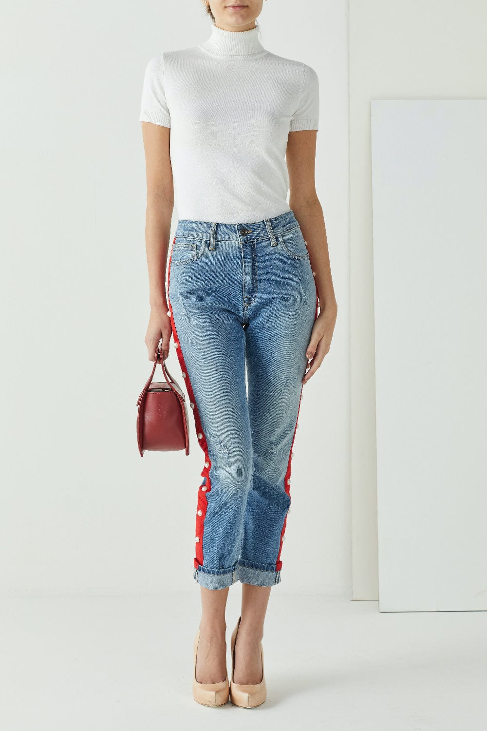 Spell - Calça Jeans com Faixa Vermelha com Pérolas