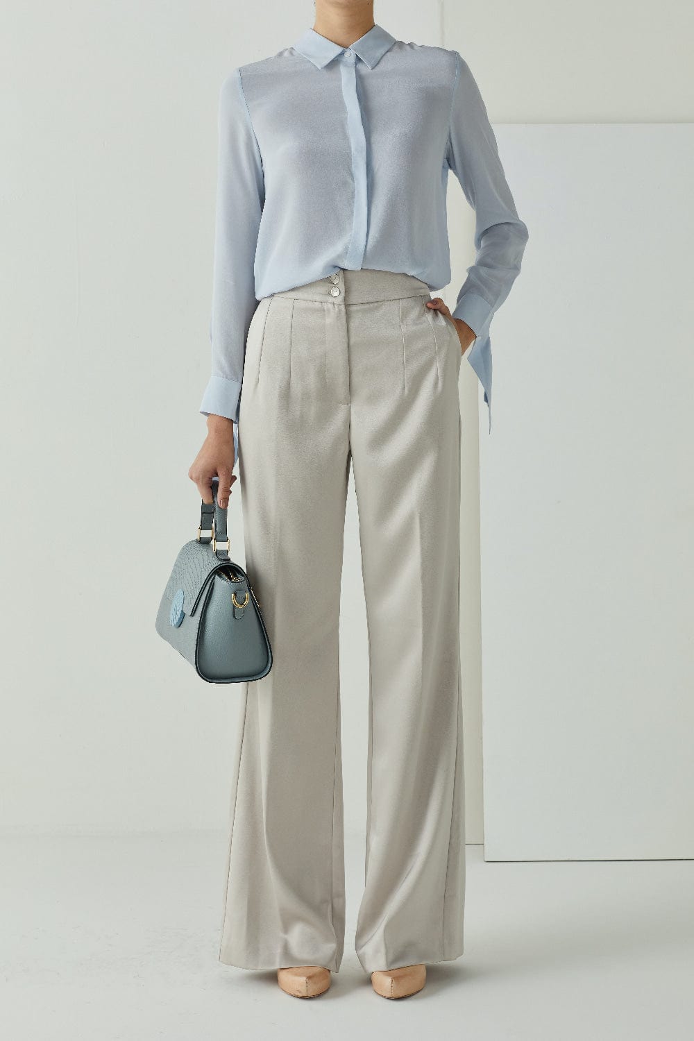 Meilleur Moment - Camisa Manga Longa de Seda Azul Claro