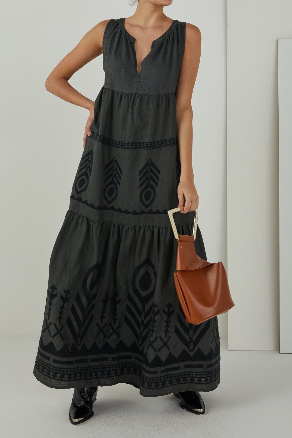 Greek Archaic Kori - Vestido Longo sem Manga Linho